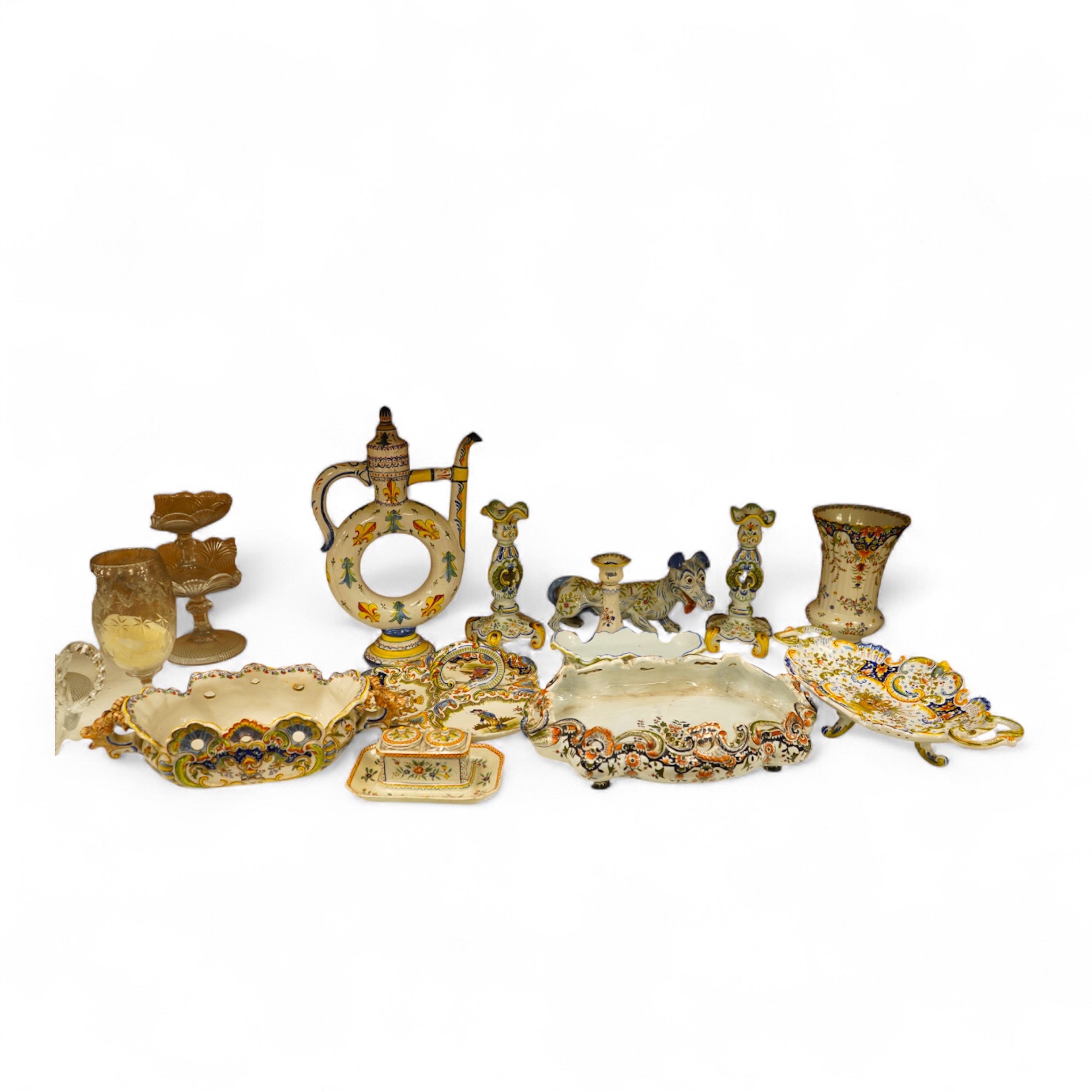 A collection of early 20th century French faience pieces To include dishes, an inkwell and a large ewer, 42cm high